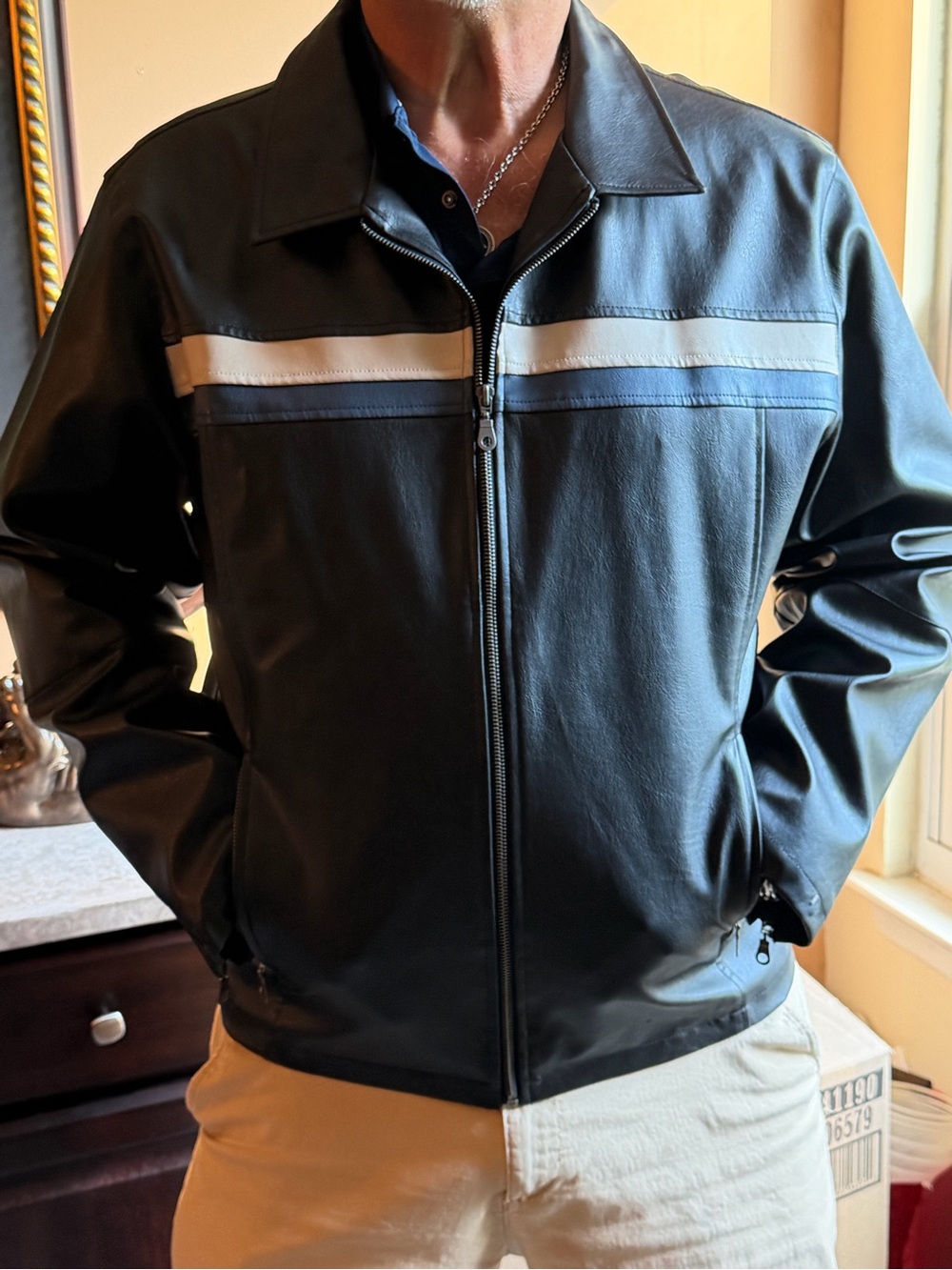 Machine Black Faux Leather Bomber Jacket with White & Navy Stripes